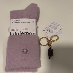 lululemon Lavender Fuzzy Socks and Gold Keychain